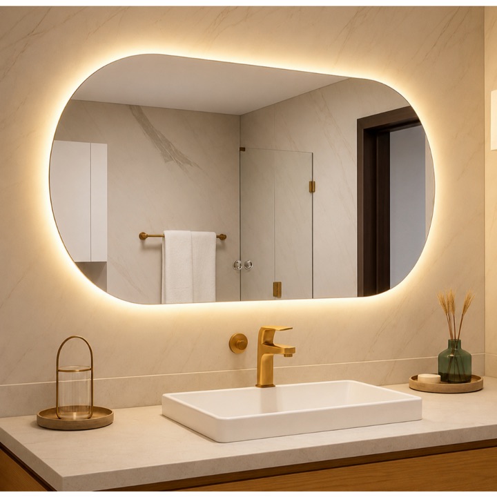 Espelho oval LED com luz quente e fria